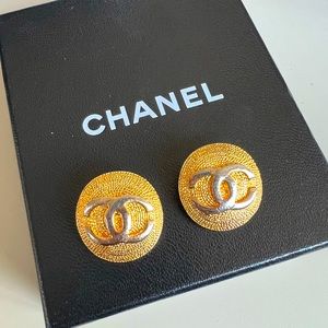 Chanel Authentic Vintage Black Resin CC Logo and Rhinestone Huggie Earrings
